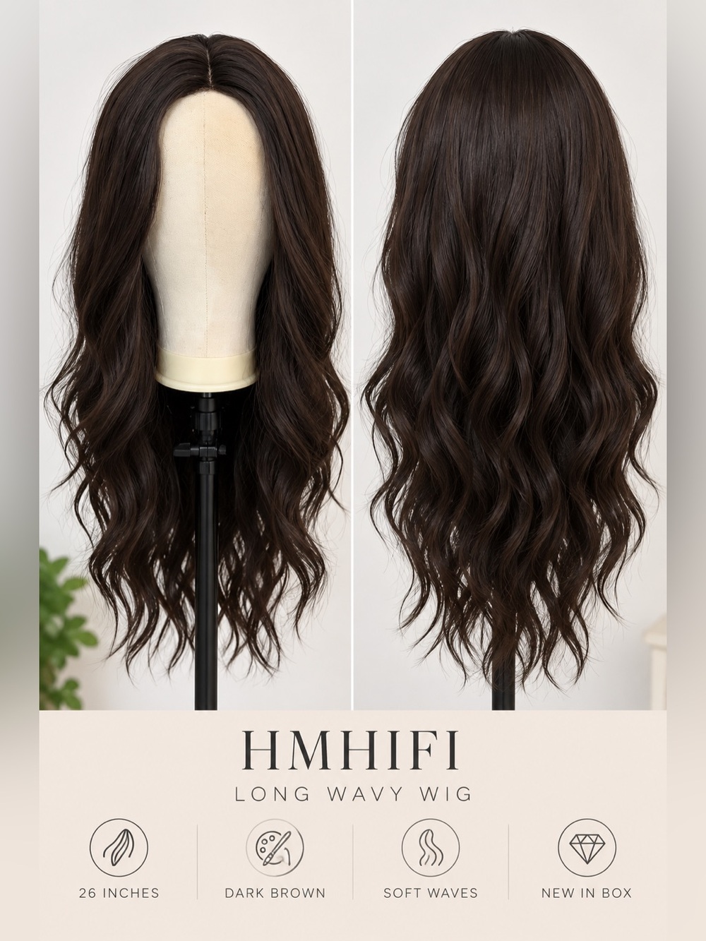 HMHIFI 26” Long Dark Brown Wavy Synthetic Wig Middle Part NEW IN BOX